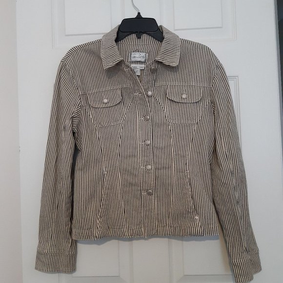 Live a Little Khaki Beige and Navy Pinstripe Stretch Jean Jacket with Pockets - Picture 1 of 10